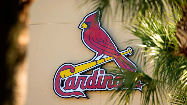 Feb 26, 2021; Jupiter, Florida, USA; A general view of the St. Louis Cardinals logo on the stadium at Roger Dean Stadium during spring training workouts. Mandatory Credit: Jasen Vinlove-Imagn Images