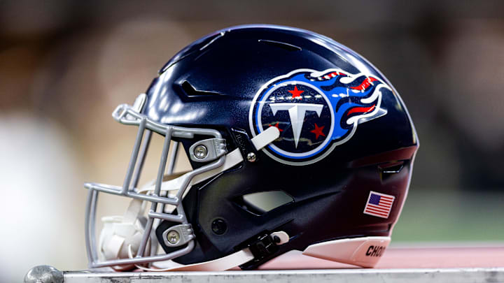 Aug 25, 2024; New Orleans, Louisiana, USA;  Detailed view of the Tennessee Titans helmet against the New Orleans Saints during the first half at Caesars Superdome. Mandatory Credit: Stephen Lew-Imagn Images