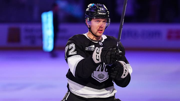 Mar 5, 2026; Los Angeles, California, USA; LA Kings left wing Artemi Panarin (72) is recognized as the second star of the night after the game against the New York Islanders at Crypto.com Arena. Mandatory Credit: Kirby Lee-Imagn Images