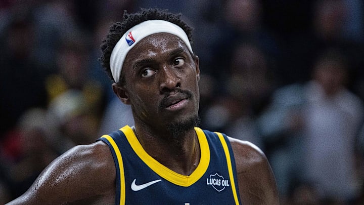 Indiana Pacers forward Pascal Siakam (43) looks on in the second half against the Charlotte Hornets at Gainbridge Fieldhouse.