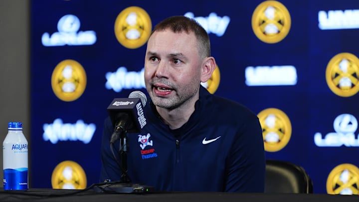 Mar 11, 2026; Denver, Colorado, USA; Denver Nuggets head coach David Adelman speaks to the media before the game against the Houston Rockets at Ball Arena. Mandatory Credit: Ron Chenoy-Imagn Images