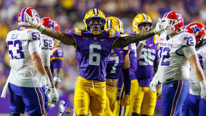 Sep 12, 2026; Baton Rouge, Louisiana, USA; LSU Tigers linebacker TJ Dottery (6) reacts to a play against Louisiana Tech Bulldogs during the second half at Tiger Stadium. Mandatory Credit: Stephen Lew-Imagn Images Sep 12, 2026; Baton Rouge, Louisiana, USA; LSU Tigers linebacker TJ Dottery (6) reacts to a play against Louisiana Tech Bulldogs during the second half at Tiger Stadium. Mandatory Credit: Stephen Lew-Imagn Images
