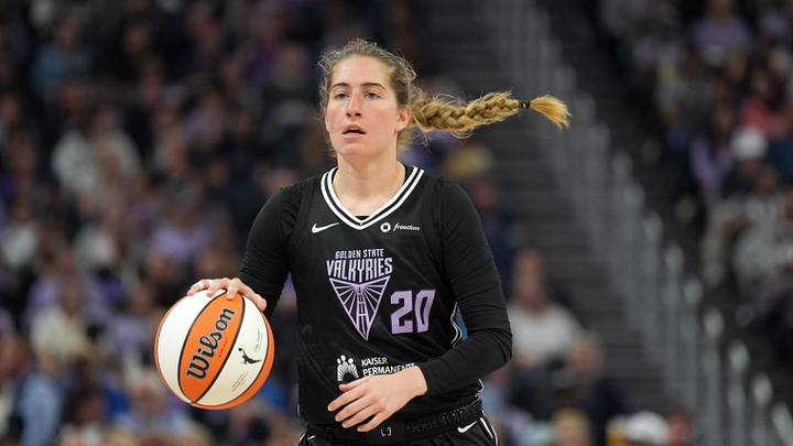 Jun 29, 2025; San Francisco, California, USA; Golden State Valkyries guard Kate Martin (20) dribbles against the Seattle Storm during the first quarter at Chase Center. Mandatory Credit: Darren Yamashita-Imagn Images