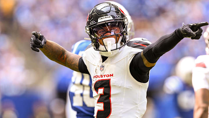 Sep 8, 2024; Indianapolis, Indiana, USA; Houston Texans wide receiver Tank Dell (3) reacts to a tackle during the first quarter against the Indianapolis Colts at Lucas Oil Stadium. Mandatory Credit: Marc Lebryk-Imagn Images