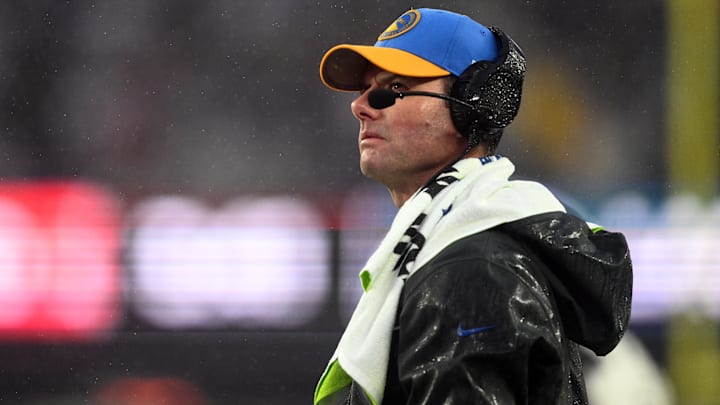 Dec 3, 2023; Foxborough, Massachusetts, USA; Los Angeles Chargers head coach Brandon Staley watches a play against the New England Patriots during the second half at Gillette Stadium. Mandatory Credit: Brian Fluharty-Imagn Images