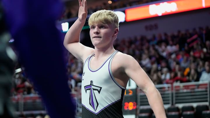 Isaiah Malm of GTRA celebrates a win over Colton Torres of East Buchanan in their match at 144 pounds during the Iowa high school boys state wrestling tournament on Wednesday, Feb. 14, 2024, at Wells Fargo Arena in Des Moines, Iowa. Isaiah Malm of GTRA celebrates a win over Colton Torres of East Buchanan in their match at 144 pounds during the Iowa high school boys state wrestling tournament on Wednesday, Feb. 14, 2024, at Wells Fargo Arena in Des Moines, Iowa.