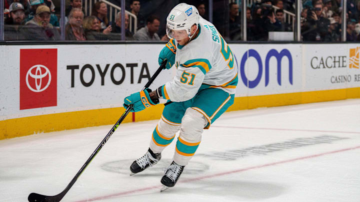 Dec 29, 2022; San Jose, California, USA;  San Jose Sharks defenseman Radim Simek (51) controls the