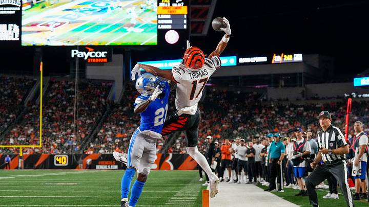 Cincinnati Bengals wide receiver Noah Thomas (17) stretches for a pass but lands out of bounds in the third quarter of the NFL Preseason game between the Cincinnati Bengals and the Detroit Lions at Paycor Stadium in Cincinnati on Thursday, Aug. 13, 2026. The Bengals won the preseason opener, 16-14. Cincinnati Bengals wide receiver Noah Thomas (17) stretches for a pass but lands out of bounds in the third quarter of the NFL Preseason game between the Cincinnati Bengals and the Detroit Lions at Paycor Stadium in Cincinnati on Thursday, Aug. 13, 2026. The Bengals won the preseason opener, 16-14.