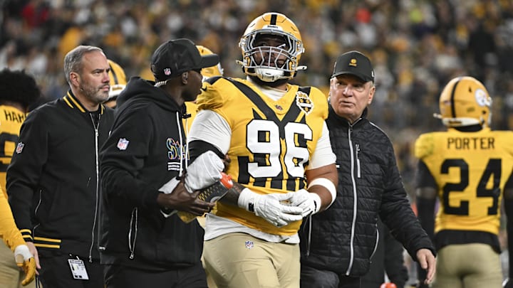 Oct 26, 2025; Pittsburgh, Pennsylvania, USA; Pittsburgh Steelers defensive tackle Daniel Ekuale (96) reacts after an apparent injury during the second quarter against the Green Bay Packersat Acrisure Stadium. Mandatory Credit: Barry Reeger-Imagn Images