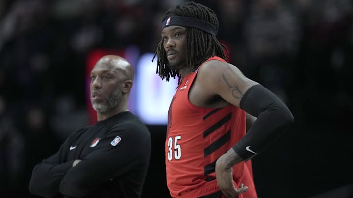 Dec 30, 2024; Portland, Oregon, USA; Portland Trail Blazers center Robert Williams III (35) waits to enter the game during the first half against the Philadelphia 76ers at Moda Center. Mandatory Credit: Soobum Im-Imagn Images