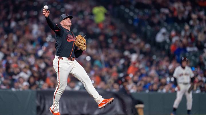 Jun 13, 2026; San Francisco, California, USA; San Francisco Giants third baseman Matt Chapman (26) throws out Chicago Cubs shortstop Dansby Swanson (not pictured) during the seventh inning at Oracle Park. Mandatory Credit: Neville E. Guard-Imagn Images