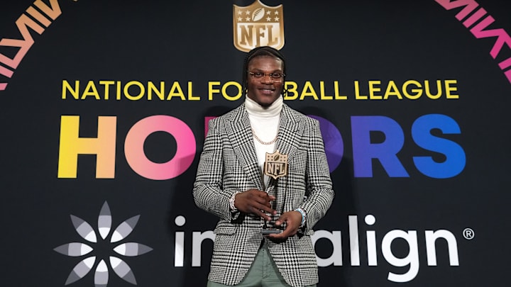 Feb 8, 2024; Las Vegas, NV, USA; Baltimore Ravens quarterback Lamar Jackson poses with the most