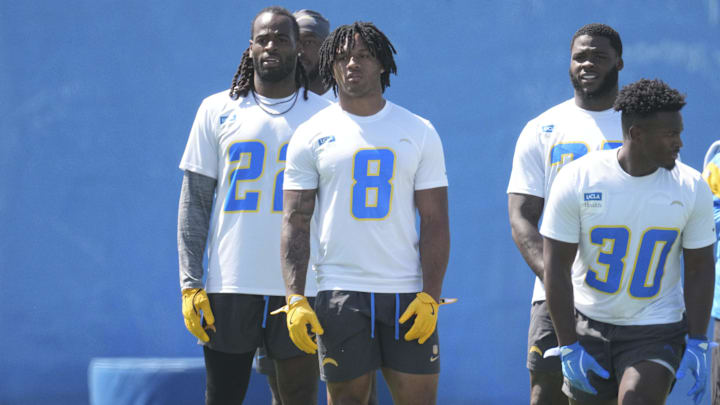 Los Angeles Chargers RBs Najee Harris, Omarion Hampton, and Kimani Vidal look on during offseason workouts at The Bolt.
