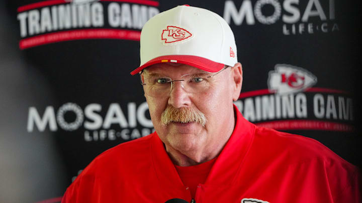Jul 22, 2025; St. Joseph, MO, USA; Kansas City Chiefs head coach Andy Reid speaks to media after training camp at Missouri Western State University. Mandatory Credit: Denny Medley-Imagn Images Jul 22, 2025; St. Joseph, MO, USA; Kansas City Chiefs head coach Andy Reid speaks to media after training camp at Missouri Western State University. Mandatory Credit: Denny Medley-Imagn Images