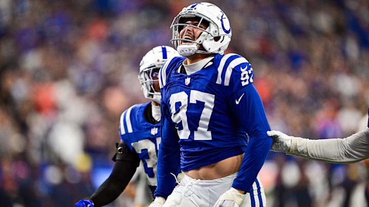 Sep 22, 2024; Indianapolis, Indiana, USA; Indianapolis Colts defensive end Laiatu Latu (97) celebrates a sack during the second half against the Chicago Bears at Lucas Oil Stadium. Mandatory Credit: Marc Lebryk-Imagn Images Sep 22, 2024; Indianapolis, Indiana, USA; Indianapolis Colts defensive end Laiatu Latu (97) celebrates a sack during the second half against the Chicago Bears at Lucas Oil Stadium. Mandatory Credit: Marc Lebryk-Imagn Images