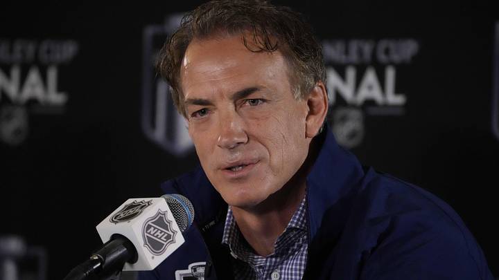 Jun 14, 2022; Denver, Colorado, USA; Colorado Avalanche general manager Joe Sakic speaks during media day for the 2022 Stanley Cup Final at Ball Arena. Mandatory Credit: Ron Chenoy-Imagn Images