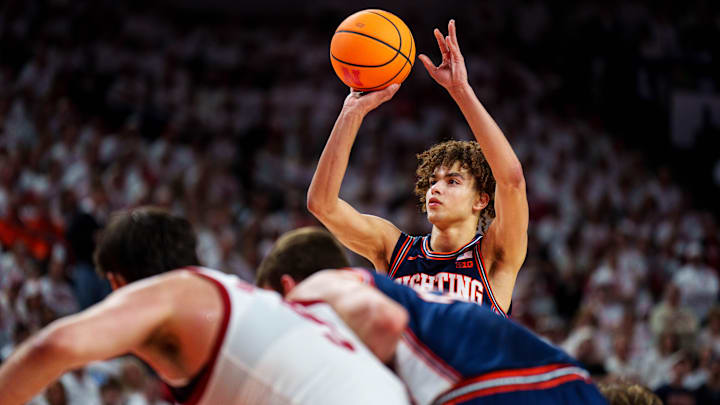 Feb 1, 2026; Lincoln, Nebraska, USA; Illinois Fighting Illini guard Keaton Wagler (23) shoots a free throw against the Nebraska Cornhuskers during the second half at Pinnacle Bank Arena. Mandatory Credit: Dylan Widger-Imagn Images