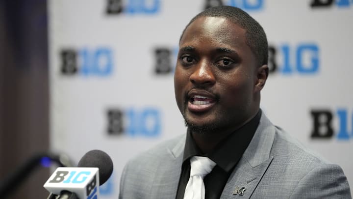 Michigan linebacker Ernest Hausmann speaks to the media during Big Ten Football Media Days in Las Vegas. Michigan linebacker Ernest Hausmann speaks to the media during Big Ten Football Media Days in Las Vegas.