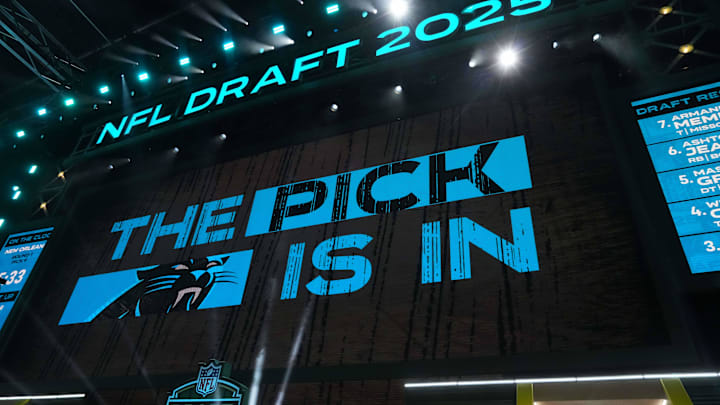 Apr 24, 2025; Green Bay, WI, USA; The Carolina Panthers logo is projected on the video board during the NFL Draft at Lambeau Field. Mandatory Credit: Kirby Lee-Imagn Images