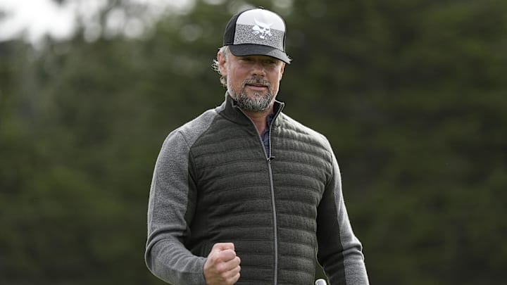 February 2, 2023; Pebble Beach, California, USA; Josh Duhamel reacts after his putt on the first hole during the first round of the AT&T Pebble Beach Pro-Am golf tournament at Spyglass Hill Golf Course. 