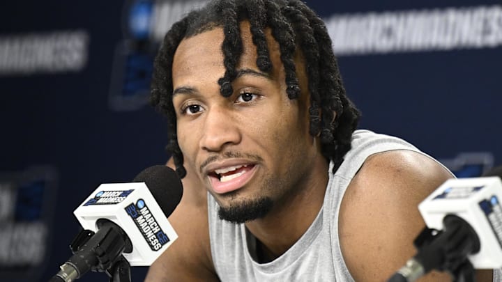 Mar 19, 2026; San Diego, CA, USA; Kansas Jayhawks guard Darryn Peterson (22) speaks at a news conference ahead of the first round of the men's 2026 NCAA Tournament at Viejas Arena. Mandatory Credit: Denis Poroy-Imagn Images