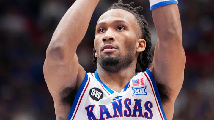 Jan 6, 2026; Lawrence, Kansas, USA; Kansas Jayhawks guard Darryn Peterson (22) shoots a free throw against the TCU Horned Frogs Jan 6, 2026; Lawrence, Kansas, USA; Kansas Jayhawks guard Darryn Peterson (22) shoots a free throw against the TCU Horned Frogs