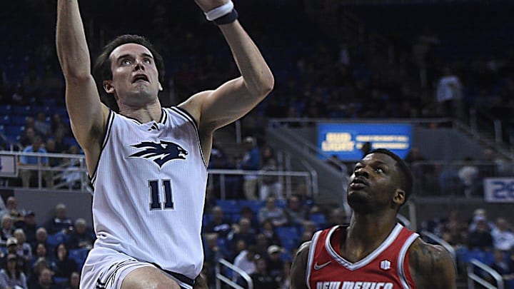 Nevada’s Nick Davidson shoots while taking on New Mexico at Lawlor Events Center in Reno on March 4, 2025. Nevada’s Nick Davidson shoots while taking on New Mexico at Lawlor Events Center in Reno on March 4, 2025.