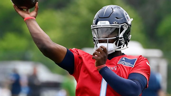 Tennessee Titans quarterback Cam Ward (1) passes during an NFL football minicamp camp practice at Ascension Saint Thomas Sports Park Thursday, June 12, 2025, in Nashville, Tenn.