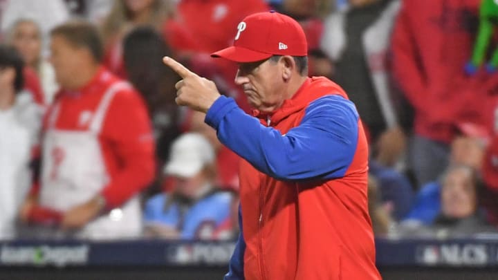 Oct 16, 2023; Philadelphia, Pennsylvania, USA; Philadelphia Phillies manager Rob Thompson (59) makes a pitching change in the seventh inning against the Arizona Diamondbacks during game one of the NLCS for the 2023 MLB playoffs at Citizens Bank Park. 
