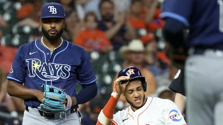 Tampa Bay's third baseman Junior Caminero (left) was named American League co-player of the week on Monday. It's his first award.