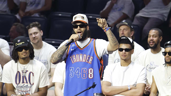 Jun 24, 2025; Oklahoma City, OK, USA; Oklahoma City Thunder forward Kenrich Williams (34) speaks to fans during the Champions Opening Ceremony for the parade inside the Paycom Center. Mandatory Credit: Alonzo Adams-Imagn Images Jun 24, 2025; Oklahoma City, OK, USA; Oklahoma City Thunder forward Kenrich Williams (34) speaks to fans during the Champions Opening Ceremony for the parade inside the Paycom Center. Mandatory Credit: Alonzo Adams-Imagn Images