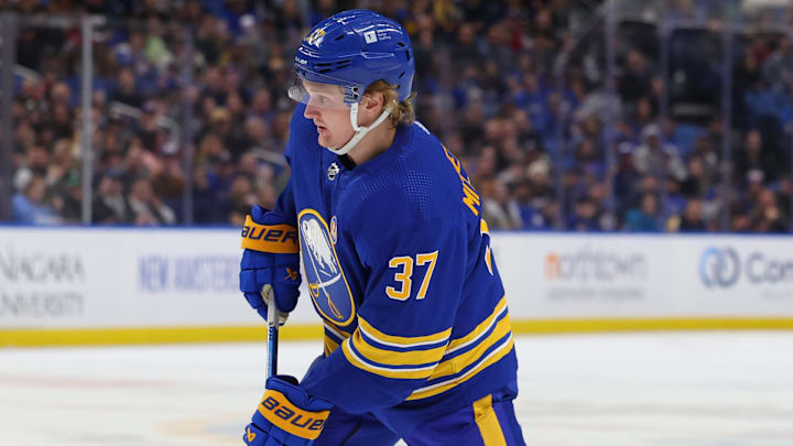 Feb 10, 2024; Buffalo, New York, USA;  Buffalo Sabres center Casey Mittelstadt (37) takes a shot on