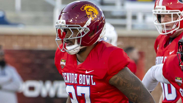 Jan 28, 2026; Mobile, AL, USA; American Team safety Kamari Ramsey (27) of USC drills during American Senior Bowl practice at Hancock Whitney Stadium. Mandatory Credit: Vasha Hunt-Imagn Images Jan 28, 2026; Mobile, AL, USA; American Team safety Kamari Ramsey (27) of USC drills during American Senior Bowl practice at Hancock Whitney Stadium. Mandatory Credit: Vasha Hunt-Imagn Images