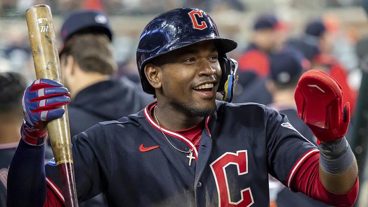 May 20, 2026; Detroit, Michigan, USA; Cleveland Guardians left fielder Angel Martinez (1) celebrates his RBI triple during the tenth inning against the Detroit Tigers at Comerica Park. Mandatory Credit: David Reginek-Imagn Images