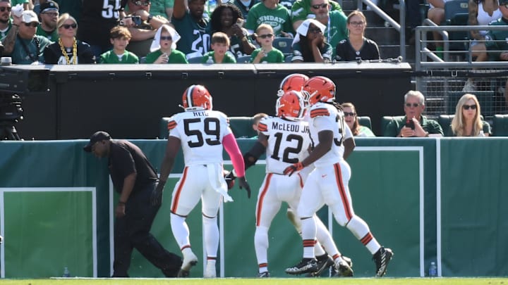 Oct 13, 2024; Philadelphia, Pennsylvania, USA; Cleveland Browns safety Rodney McLeod Jr. (12) celebrates a blocked field goal return for a touchdown against the Philadelphia Eagles during the second quarter at Lincoln Financial Field. Mandatory Credit: Eric Hartline-Imagn Images