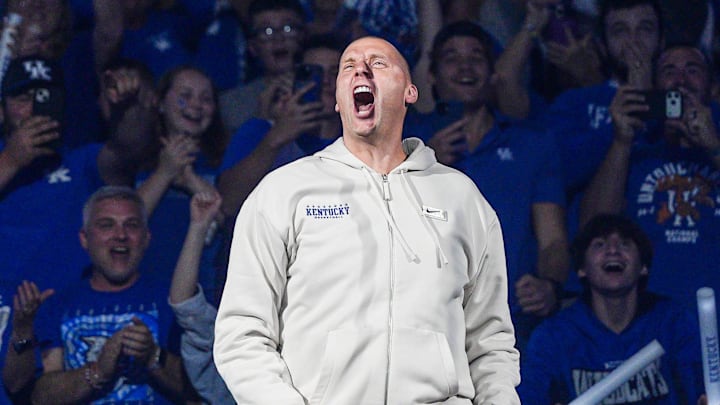 Kentucky Wildcats head coach Mark Pope being introduced at the 2025 Big Blue Madness at Rupp Arena in Lexington, Kentucky Saturday, Oct. 11, 2025.