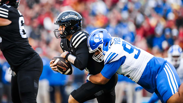 BYU DT Anisi Purcell gets a sack against Iowa State