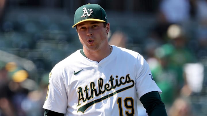 Jul 13, 2025; West Sacramento, California, USA; Athletics pitcher Mason Miller (19) reacts after defeating the Toronto Blue Jays 6-3 at Sutter Health Park. Mandatory Credit: Dennis Lee-Imagn Images