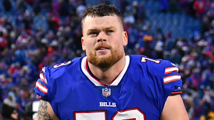 Dec 31, 2023; Orchard Park, New York, USA; Buffalo Bills offensive tackle Spencer Brown (79) leaves the field after a game.