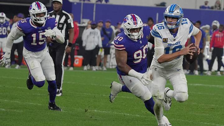 Detroit Lions' quarterback Jared Goff keeps the ball and runs away from Buffalo Bills' defensive tackle DeWayne Carter during the second half at the Bills' home opener game against the Lions on Sept. 17, 2026. Detroit Lions' quarterback Jared Goff keeps the ball and runs away from Buffalo Bills' defensive tackle DeWayne Carter during the second half at the Bills' home opener game against the Lions on Sept. 17, 2026.