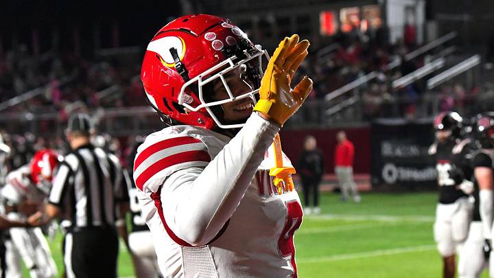 Landen Miree (9) of the Vikings waves to the crowd after Princeton scores the winning touchdown of the game, defeating Oak Hills 30-27 on Oct. 10, 2025.
