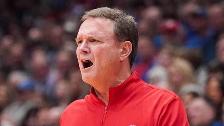 Dec 22, 2023; Lawrence, Kansas, USA; Kansas Jayhawks head coach Bill Self reacts to play against the Yale Bulldogs during the first half at Allen Fieldhouse. Mandatory Credit: Denny Medley-Imagn Images Dec 22, 2023; Lawrence, Kansas, USA; Kansas Jayhawks head coach Bill Self reacts to play against the Yale Bulldogs during the first half at Allen Fieldhouse. Mandatory Credit: Denny Medley-Imagn Images