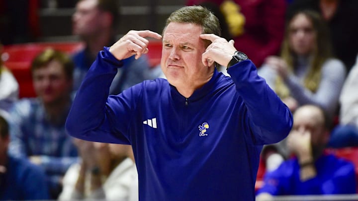 Feb 15, 2025; Salt Lake City, Utah, USA; Kansas Jayhawks head coach Bill Self calls a play against the Utah Utes during the first half at the Jon M. Huntsman Center. Mandatory Credit: Christopher Creveling-Imagn Images