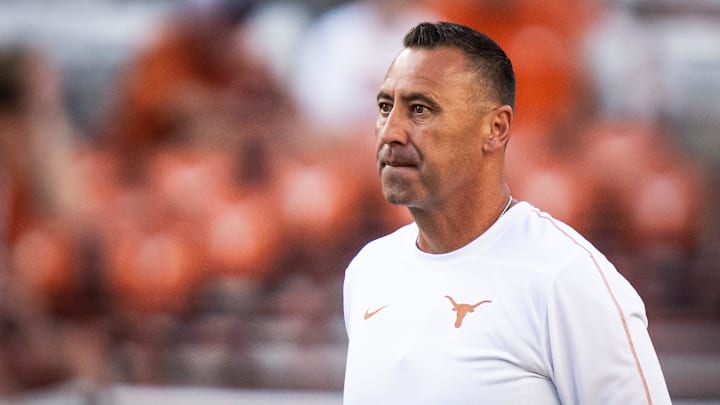 Texas Head Coach Steve Sarkisian watches his team warm up ahead of the Texas Longhorns' game against the ULM Warhawks at Darrell K Royal Texas Memorial Stadium in Austin, Sept. 21, 2024.