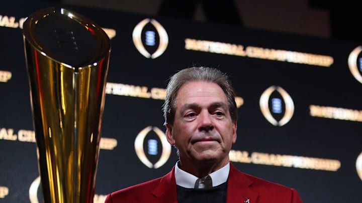 Jan 9, 2018; Atlanta, GA, USA; Alabama head coach Nick Saban poses with the trophy after wining the National Championship during a press conference at the Sheraton Downtown hotel. Jan 9, 2018; Atlanta, GA, USA; Alabama head coach Nick Saban poses with the trophy after wining the National Championship during a press conference at the Sheraton Downtown hotel.