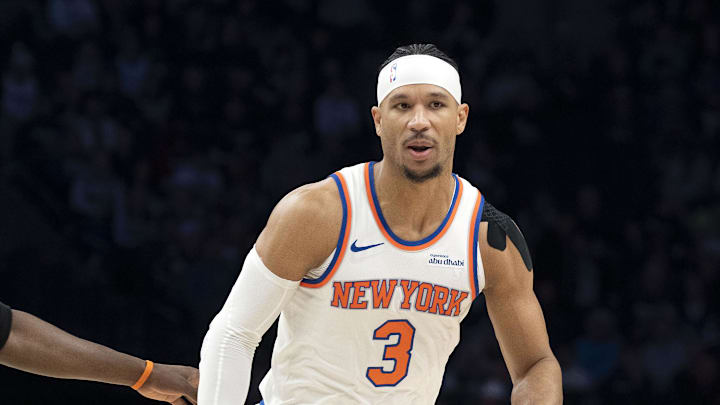 Dec 23, 2025; Minneapolis, Minnesota, USA; New York Knicks guard Josh Hart (3) dribbles the ball against the Minnesota Timberwolves in the first half at Target Center. Mandatory Credit: Jesse Johnson-Imagn Images