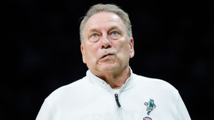 Michigan State head coach Tom Izzo reacts to a play against North Carolina during the second half of the NCAA tournament West Region second round at Spectrum Center in Charlotte, N.C. on Saturday, March 23, 2024.