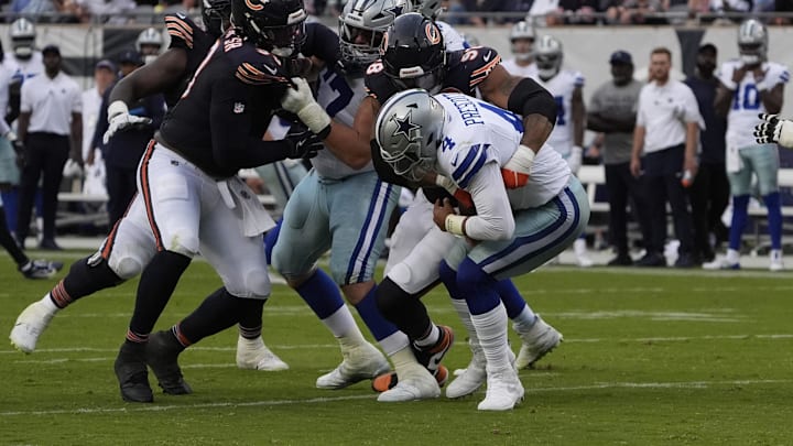 Chicago Bears defensive end Montez Sweat sacks Dallas Cowboys quarterback Dak Prescott at Soldier Field