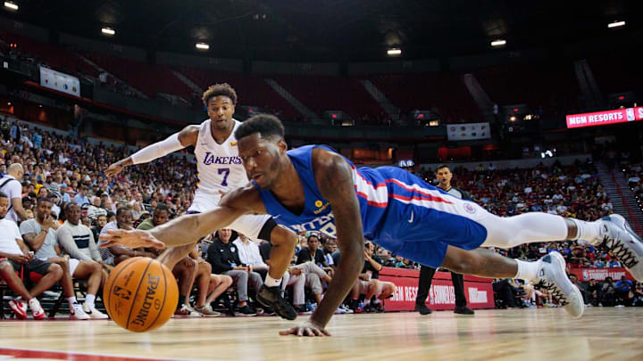 Jul 6, 2019; Las Vegas, NV, USA; Los Angeles Clippers forward Nigel Hayes dives for a loose ball against the Los Angeles Lakers during the NBA Summer League at Thomas & Mack Center. Mandatory Credit: Mark J. Rebilas-Imagn Images Jul 6, 2019; Las Vegas, NV, USA; Los Angeles Clippers forward Nigel Hayes dives for a loose ball against the Los Angeles Lakers during the NBA Summer League at Thomas & Mack Center. Mandatory Credit: Mark J. Rebilas-Imagn Images