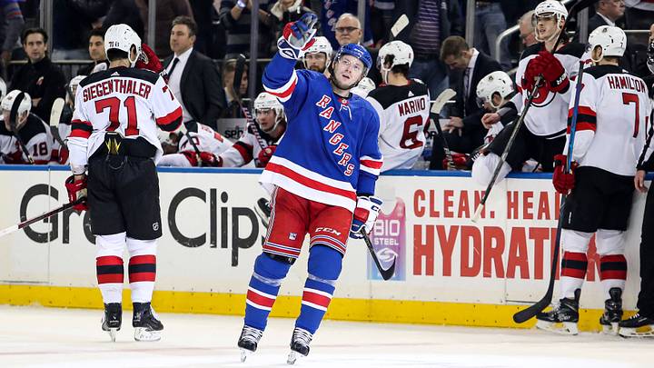 Apr 29, 2023; New York, New York, USA; New York Rangers right wing Vladimir Tarasenko (91) celebrates his goal with teammates against the New Jersey Devils during the second period in game six of the first round of the 2023 Stanley Cup Playoffs at Madison Square Garden. Mandatory Credit: Danny Wild-USA TODAY Sports Apr 29, 2023; New York, New York, USA; New York Rangers right wing Vladimir Tarasenko (91) celebrates his goal with teammates against the New Jersey Devils during the second period in game six of the first round of the 2023 Stanley Cup Playoffs at Madison Square Garden. Mandatory Credit: Danny Wild-USA TODAY Sports